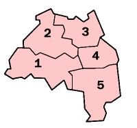 Okresy: 1 – Gateshead; 2 – Newcastle upon Tyne; 3 – North Tyneside; 4 – South Tyneside; 5 – Sunderland