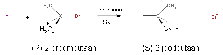 SN2-reactie van R-2-broombutaan met het jodide-ion als nucleofiel en propanon als oplosmiddel, waarbij uitsluitend (S)-2-joodbutaan wordt geproduceerd.