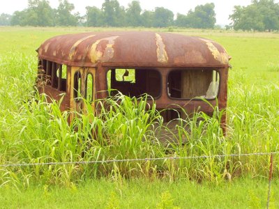 rusting schoolbus in an Oklahoma field