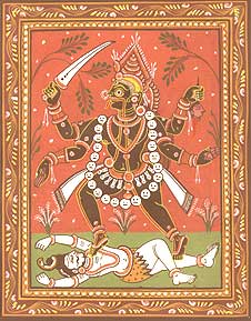 Représentation de Kâlî dansant sur le corps de Shiva.