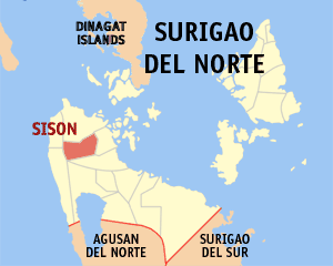 Mapa sa Surigao del Norte nga nagapakita kon asa nahamutangan ang Sison