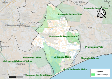 Carte des ZNIEFF de type 1 sur la commune.