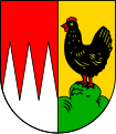 Gemeinde Schonungen Gespalten von Rot und Gold; vorne drei silberne Spitzen, hinten auf grünem Dreiberg stehend eine rot bewehrte schwarze Henne.