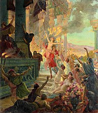 اسکندر در حال بلند کردن تائیس برای آتش زدن پرسپولیس اثر جرج روچه گروس، ۱۸۹۰ میلادی