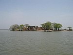 A distant view of very small island home to several thin trees, a brown dock, and a partially obstructed brown shack.