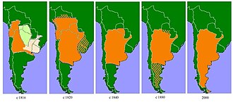 Green map of Argentina with an orange outline growing over time to illustrate the changing state of Argentina's indigenous peoples.