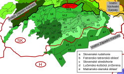 Tatry v rámci Vnitřních Západních Karpat, vyznačeny červeně