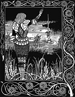 Ilustración de Aubrey Beardsley para Le Morte d'Arthur, de Sir Thomas Malory. Bedivere hace entrega de Excálibur a la Dama del Lago cuando el Rey está muriéndose.