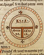 Un tipico mappamondo T-O, tratto da un manoscritto del XII secolo delle Etymologiae di Sant'Isidoro di Siviglia