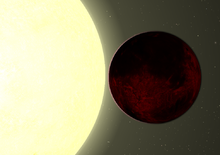 Planète rouge située près de son étoile blanche, vue depuis l'espace