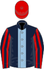 Dark blue, light blue stripe, dark blue and red striped sleeves, red cap