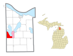 Location within Cheboygan County (red) and the administered CDP of Indian River (pink)