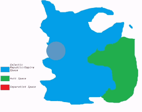 Proměnlivá kontrola nad galaxií během Klonových válek, Republika (modře), Konfederace (červeně), Huttové (zeleně)
