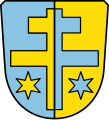 Gemeinde Ettelried Gespalten von Blau und Gold mit einem Patriarchenkreuz in verwechselten Farben. In den unteren Winkeln je ein sechsstrahliger Stern in verwechselten Farben (Wappen wurde von der Gemeinde ohne Sterne geführt).