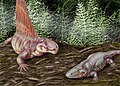 El pelicosaurio con vela Dimetrodon y el temnospóndilo Eryops del Pérmico de Norteamérica.