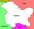 Three regions of Kashmir, shown in white and divided by dotted lines. Pakistan administered Kashmir in the left, Indian Administered Kashmir in center and China administered Kashmir on the right.