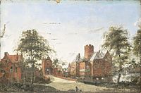 Manner of Jan van der Heyden. Loenersloot Castle on the Angstel label QS:Len,"Loenersloot Castle on the Angstel" label QS:Lpl,"Zamek Loenersloot na Angstel" label QS:Lnl,"Kasteel Loenersloot aan de Angstel" circa 1700 date QS:P,+1700-00-00T00:00:00Z/9,P1480,Q5727902 . oil on canvas medium QS:P186,Q296955;P186,Q12321255,P518,Q861259 . 34 × 61 cm (13.3 × 24 in). Amsterdam, Rijksmuseum Amsterdam.