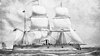 Drawing of a one-funneled, three-masted warship under sail