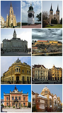 Foto montase kota Novi Sad (The Name of Mary Church, Menara Jam Petrovaradin, Nyonya kita dari Gereja Snow ecumenic, Pusat Kota, Petrovaradin Fortress, Bangunan dari Matica srpska, Liberty Square, Istana Bishop, Novi Sad Synagogue)