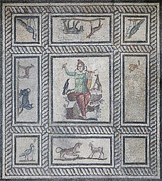 Roman guilloché on the Orpheus mosaic from the dining room of a Roman house, c.200, natural stone and glass, Pergamon Museum