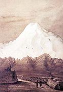 El Elbrús elevándose desde la ciudad de Piatigorsk, por la pintora francesa Charles-Marie Reboul (1815-1898).
