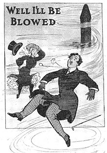 A postcard from 1905, with the text "Well I'll Be Blowed", a depiction of two people being blown away, and a depiction of the Flatiron Building in the background