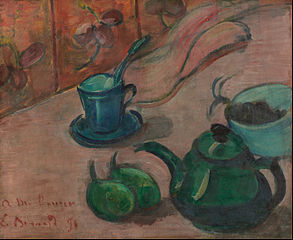 Émile Bernard – Still life with green teapot, cup and fruit, 1890