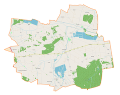 Mapa konturowa gminy Bielawy, blisko centrum po lewej na dole znajduje się punkt z opisem „Janinów”