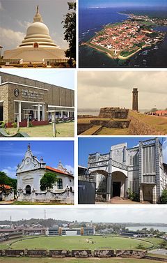 ඉහළ වම සිට දක්ෂිණාවර්තව: Galle Temple, Aerial view of Galle Fort, Interior of the Galle Fort, St. Aloysius College, Galle View of the Galle International Stadium from the Fort, Dutch Reformed Church of Galle, Galle Municipal Council