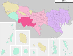 ที่ตั้งของฮาจิโอจิ (เน้นสีชมพู) ในมหานครโตเกียว