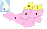 Map of districts of Somerset. North Somerset and Bath and North East Somerset are shown in yellow, while the other districts are in pink.