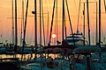 Sunset, dock of sailing boats. Greece