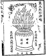 Sebuah bom ilahi terbang-pasir melepaskan sepuluh ribu api '(' 'wan huo fei sha shen pao' ') seperti yang digambarkan di Huolongjing. Perlengkapan yang mungkin digunakan dalam pertempuran laut.