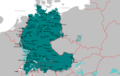 Răspândirea geografică a limbii germane și a dialectelor limbii germane în Europa Centrală și de Est (în teal fiind marcate teritoriile tradiționale din sudul Transilvaniei populate și de sași, mai precis zonele județelor Sibiu și Brașov respectiv).