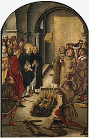 El milagro de Fanjeaux o La prueba de fuego (los libros de los albigenses arden, mientras que el de Santo Domingo de Guzmán no). Cuadro de Pedro Berruguete, ca. 1495.