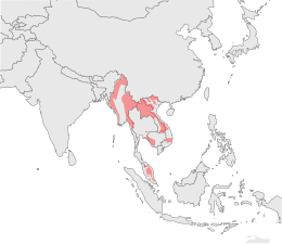 Carte des zones de présence confirmée de la Panthère nébuleuse sur la péninsule indochinoise en 2009. Parmi les 15 zones mentionnées, les plus grandes se situent au Myanmar et au Laos.