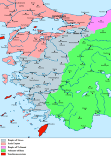 Carte matérialisant les frontières entre les différents royaumes et principautés en Anatolie occidentale