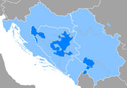 Verspreiding van Bosnies (donkerblou) binne Serwo-Kroaties (hemelblou)