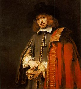 Portreto de la urbestro Jan Six, riĉa amiko de Rembrandt, 1654