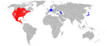 Območje razširjenosti (rdeče: izvorno; modro: vnešen)
