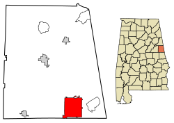 Location of Roanoke in Randolph County, Alabama.