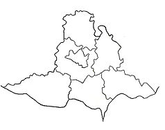 Mapa konturowa kraju południowomorawskiego, u góry nieco na lewo znajduje się punkt z opisem „Skryje”