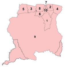 Map of the districts of Suriname in alphabetical order