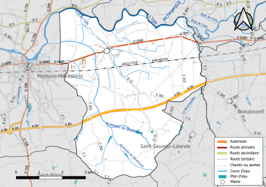 Carte en couleur présentant le réseau hydrographique de la commune