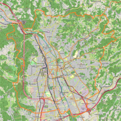 Mapa konturowa Grazu, na dole znajduje się punkt z opisem „Merkur Arena”