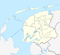 Mapa konturowa Fryzji, blisko centrum po prawej na dole znajduje się punkt z opisem „Heerenveen”