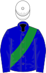 Blue, green sash, white cap