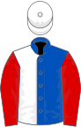 Royal Blue and White (halved), Red sleeves, White cap