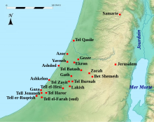 Carte de la Philistie avec localisation de plusieurs sites archéologiques.