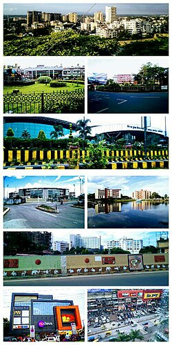 From top left to right :- Kanke, Ranchi Railway Station , Rajendra chowk , Birsa Munda International Airport , JSCA International Cricket Stadium , Line tank pond , Kadru flyover-Hotel Radisson Blu , Nucleus mall , GEL church complex .